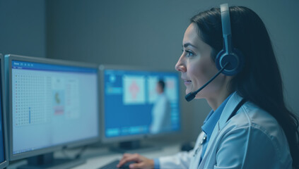 Female doctor wearing a headset working on a computer in a telemedicine setting