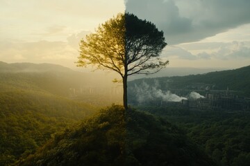 Fototapeta premium Lone Tree on Hilltop Overlooking Misty Valley and Power Plant