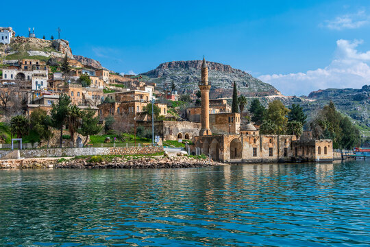 The Halfeti Village with sunken mosque in Sanliurfa Province of Turkey