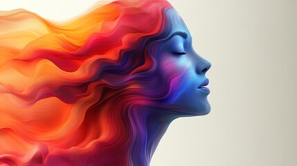 Abstract portrait of a woman with colorful hair and a serene expression.