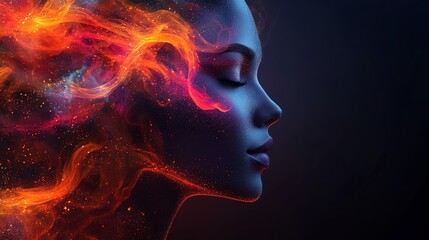 Abstract portrait of a woman with glowing fire and nebulae.