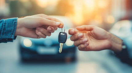 Fototapeta premium dealer gives car keys, concept of mobility and freedom, created with generative AI technology