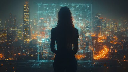 Silhouette of a woman standing before a glowing digital screen overlooking a futuristic city.