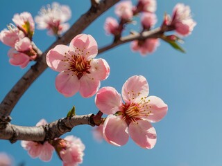 Pink Almond Blossoms on Branch Against Blue Sky