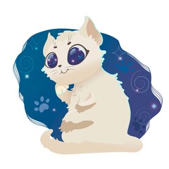 Dreamy white cat against the backdrop of space