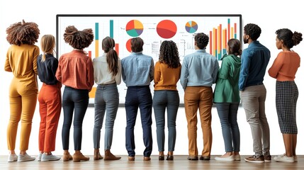Fototapeta premium Group of professionals standing around a digital whiteboard filled with colorful charts and concepts, business collaboration, creative brainstorming