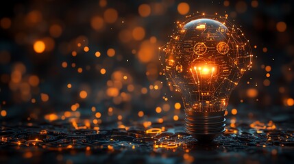 Glowing light bulb with gears, symbolizing innovation and creativity.