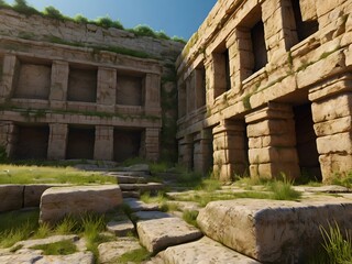 Fototapeta premium Ancient Stone Ruins with Grass and Steps