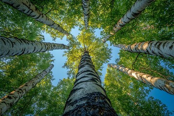 Fototapeta premium Majestic birch trees reaching skyward in serene forest canopy
