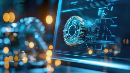 Futuristic machine interface showcasing a digital turbine engine design with blue tones and glowing elements.
