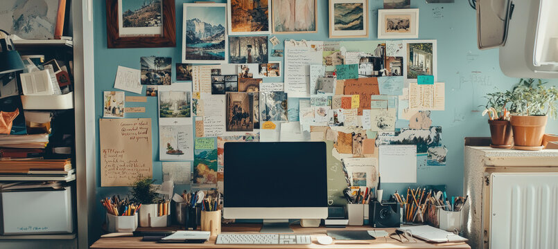 Creative Vision Board Display for New Year Goals and Aspirations in a Cozy Workspace