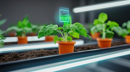 Holographic AI assistant projecting plant care schedules for home gardening, holographic AI assistant, gardening automation