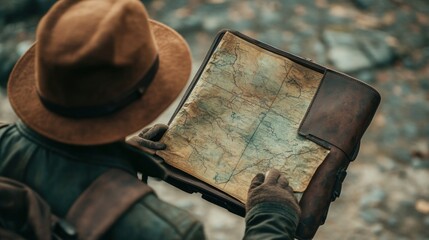 Gloved Hand Holding an Antique Map in a Leather Case