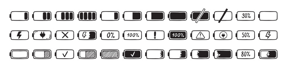 Mobile battery doodle Hand drawn set. Collection pen ink pencil drawing sketches connection indicator isolated. low or high energy charge © Yanka