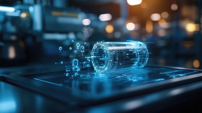 Futuristic holographic display showing a 3D model of a transparent cylinder in a tech environment.