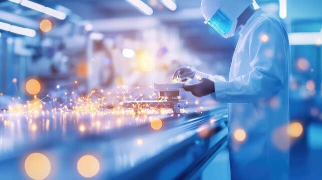 A technician in a protective suit works meticulously in a modern laboratory, focusing on precision and safety in scientific research.