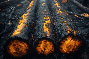 Glowing charred logs amidst ashes in a forest fire aftermath