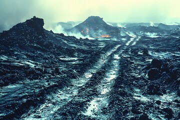 Majestic volcanic landscape with smoldering lava and rugged terrain