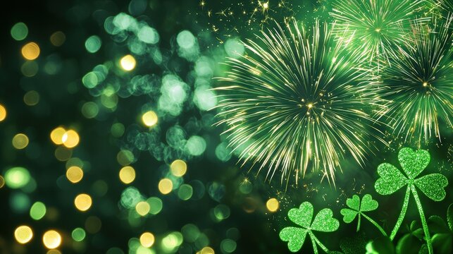 St. Patrick's Day Fireworks Display with Shamrocks and Green Lights - Festive Night Celebration