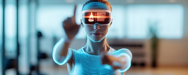 Holographic AI assistant displaying 3D fitness routines in a home gym, holographic AI assistant, home workout