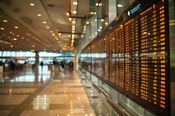 Fototapeta premium Travelers walking by flight departure and arrival times board in airport terminal