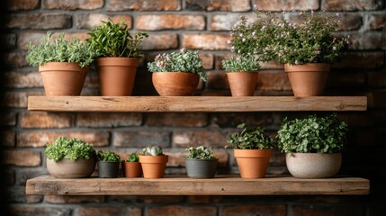 A variety of lush green potted plants are neatly arranged on rustic wooden shelves, set against a textured brick wall background, in a cozy indoor setting.