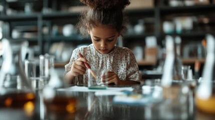 A focused young girl engages in a science experiment with test tubes in a classroom, highlighting learning, curiosity, and the joy of discovery in education.