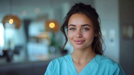 Fototapeta premium Portrait of a female dentist in scrubs, confidently smiling in a modern dental clinic, showcasing professionalism and commitment to patient care.