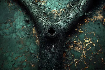 Abstract burnt tree trunk on textured metallic background with cracked patterns