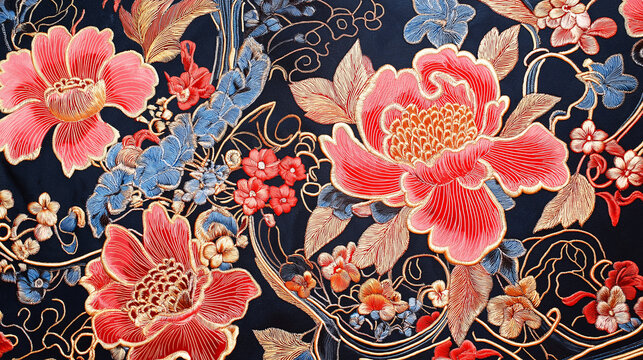 A floral batik patterned fabric with red flowers and blue leaves.