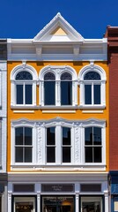 Obraz premium A vibrant row of historic Victorian-style buildings line the main street in Livermore, California, showcasing ornate architecture against a backdrop of a sunny, blue sky