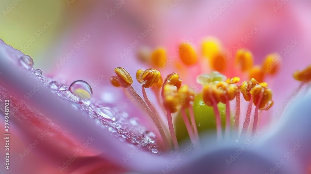 Wall mural Close-up of a Pink Flower's Stamens with Dew Drops