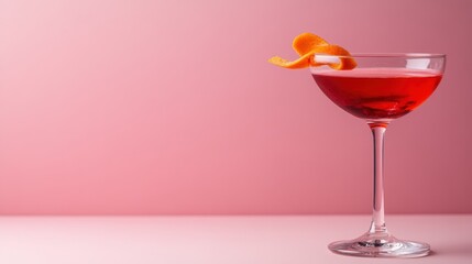 A sophisticated cocktail served in a glass, garnished with an orange peel. The pink backdrop adds a touch of elegance, making it an ideal drink for social and celebratory events.