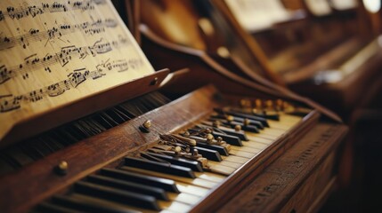 Close-up of a Vintage Piano Keyboard with Sheet Music