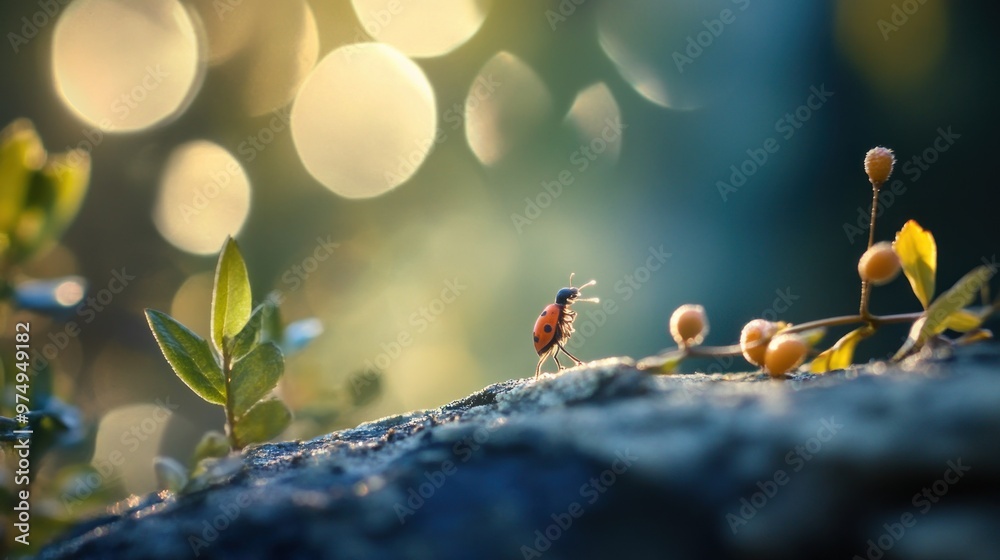 Wall mural A ladybug on a branch in a soft-focus natural setting