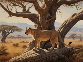 Lioness on a Tree Branch in the African Savanna