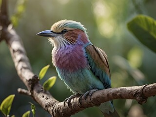 Colorful Lilac Breasted Roller Bird Perched on Branch