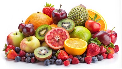 Fresh fruits and vegetables on a white background featuring apples, oranges, grapes, strawberries, bananas, and kiwi, highlighting a healthy and vibrant diet