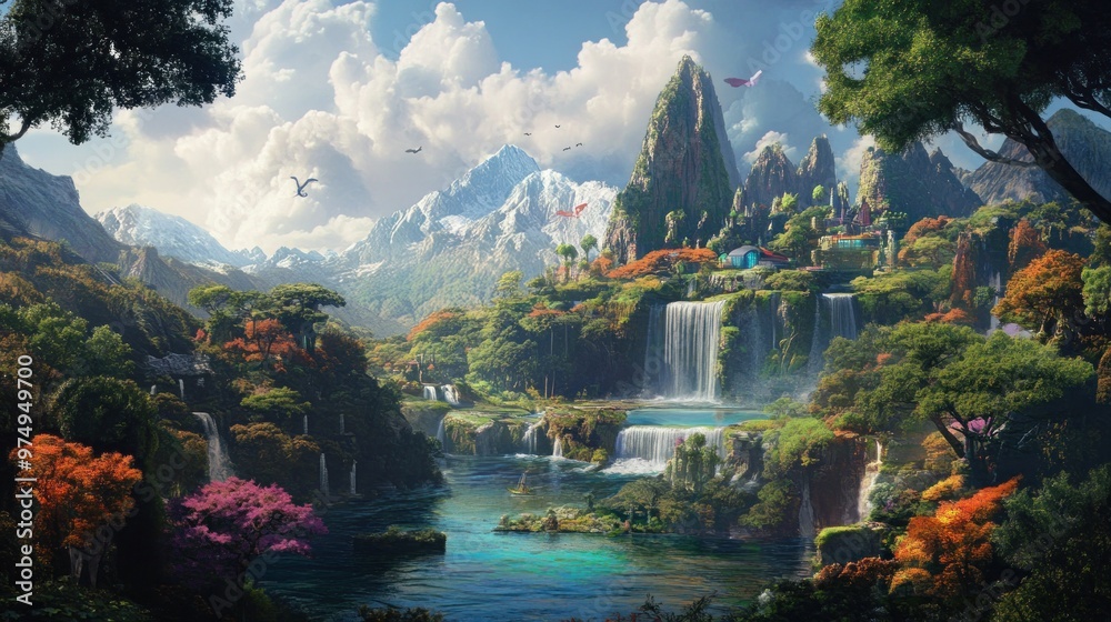 Canvas Prints A Mystical Waterfall Landscape with Lush Foliage and a Small Village