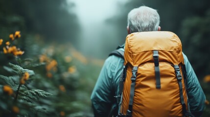 Fototapeta premium An elderly man with a backpack walks through a vibrant forest, embodying the dream of adventure, nostalgia for past journeys, the joy of nature, and the spirit of lifelong exploration.
