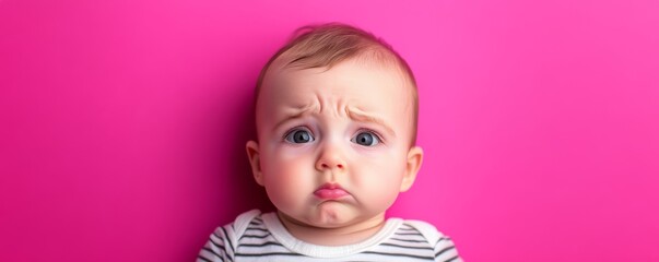 Cute baby with concerned expression on bright pink background
