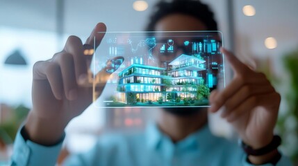 Holographic AI assistant guiding an architect in designing eco-friendly buildings, holographic AI assistant, sustainable design