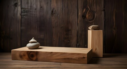 Background for products cosmetics, food or jewellery. Rustic wood pieces podium. Front view.