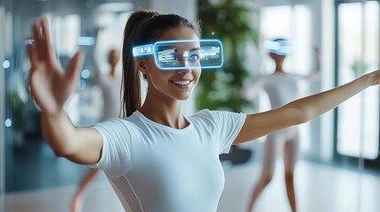 Holographic AI assistant helping a dancer practice choreography, holographic AI assistant, dance training