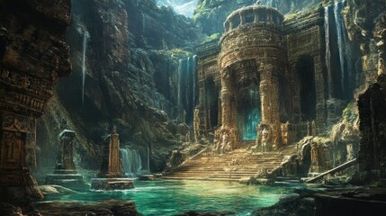 Ancient Stone Temple Entrance with Waterfall and Pool