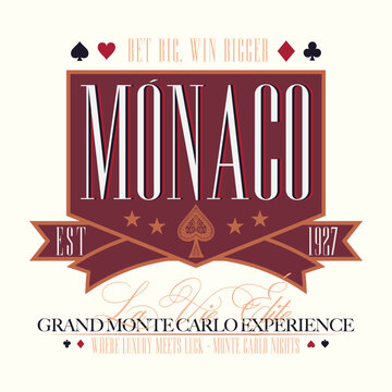 logo slogan graphic, retro college monaco victorian  casino, monte carlo, shield. ornaments and geometric graphics, health and fitness club summer SS25 urban crest sport 