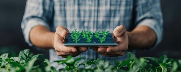 Holographic AI assistant helping a farmer with crop management data, holographic AI assistant, smart farming