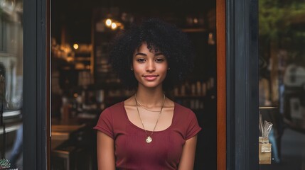Woman with curly hair and a gold necklace, smiling at the camera through a doorway