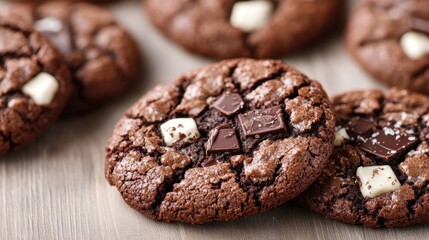A close-up view of chocolate cookies featuring chunks of white and dark chocolate on top, displaying their rich and inviting texture and slightly cracked surface.