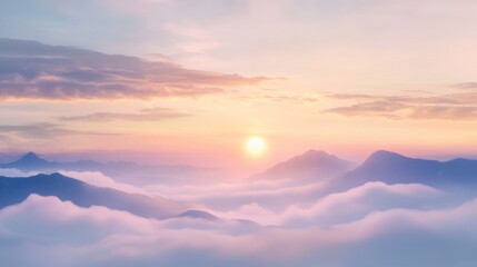 Sunrise over misty mountains with soft pink clouds, serene morning scene. Nature tranquility and beauty concept